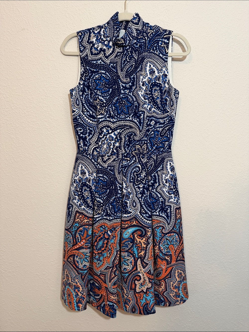 ANTONIO MELANI Navy and Orange Paisley Mock-Neck Dress - 4